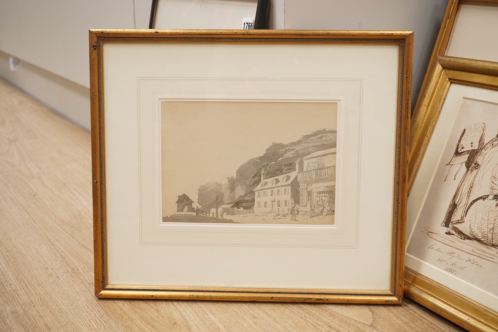 19th century School, monochrome watercolour, Street scene with figures, unsigned, 16 x 23cm. Condition - good